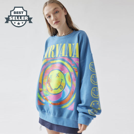 어반 아웃피터스 너바나 맨투맨 Urban Outfitters Nirvana Smile Overdyed Sweatshirt, Turquoise