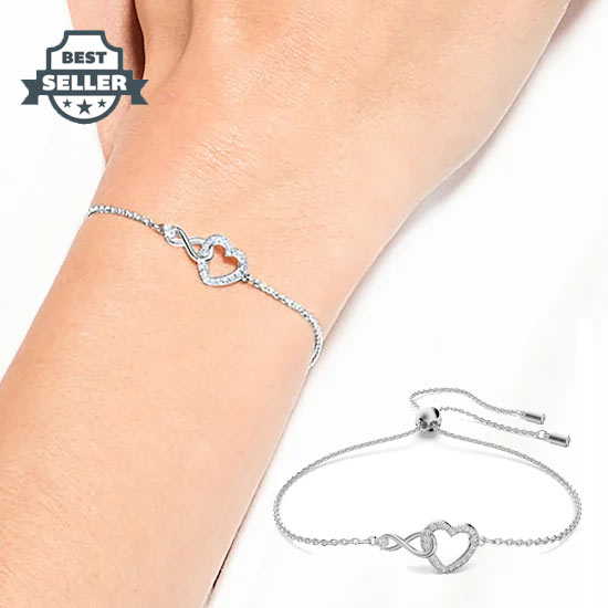 스와로브스키 팔찌 Swarovski Infinity bracelet, Infinity and heart, White, Rhodium plated