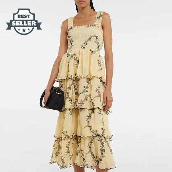 가니 티어드 민소매 드레스 (수영, 선미, 한소희 착용) GANNI Floral pleated georgette midi dress
