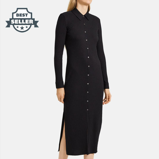 띠어리 셔츠 골지 원피스 M089601R Theory Maxi Shirt Dress in Ribbed Modal Cotton,BLACK