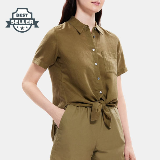 띠어리 린넨 반팔 셔츠 (프론트 타이) N053505R Theory Tie-Front Shirt in Linen-Tencel,BURNT OLIVE