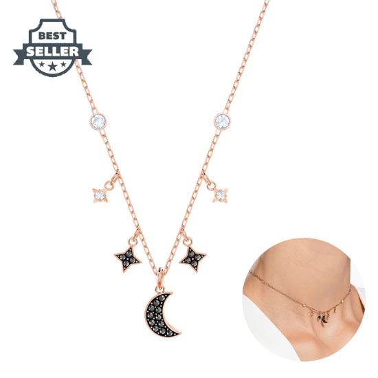 스와로브스키 심볼릭 목걸이 Swarovski Symbolic necklace, Moon and star, Black, Rose gold-tone plated