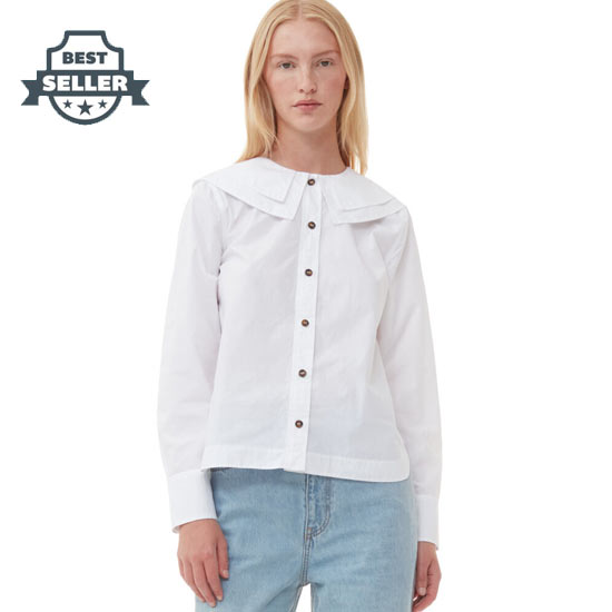 가니 블라우스 GANNI White Cotton Poplin Double-Collar Shirt,Bright White
