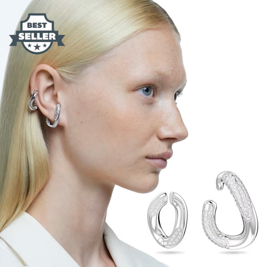 스와로브스키 귀찌 Swarovski Dextera ear cuff, Set (2), Asymmetrical design, White, Rhodium plated