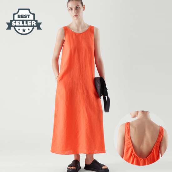 코스 로우컷 백 린넨 원피스 COS LOW-CUT BACK LINEN DRESS,bright orange