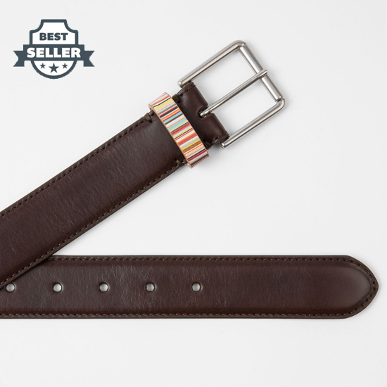 폴 스미스 벨트 Paul Smith Mens Dark Brown Leather Belt With Signature Stripe Keeper