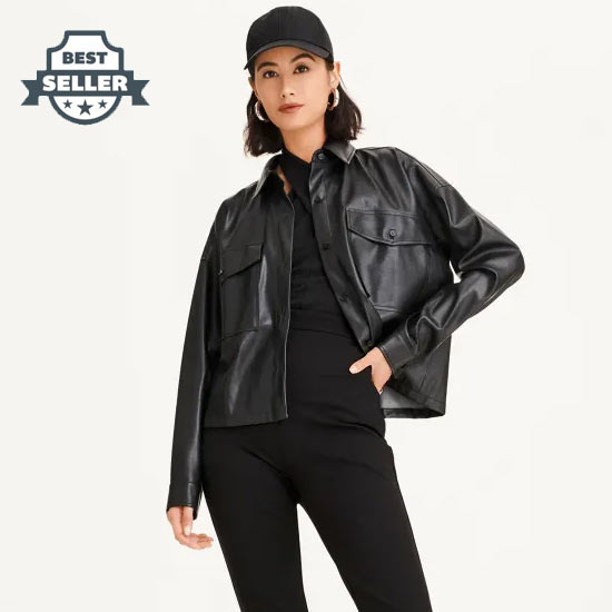 DKNY 에코 가죽 셔츠 재킷 2종 (블랙, 뉴트럴) Faux Leather Cropped Shirt Jacket